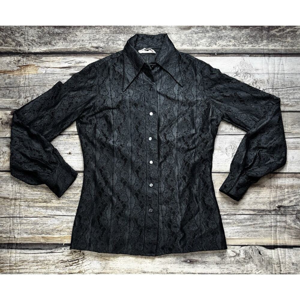 Vintage 60-70's MALBE Black Textured Blouse Womens Size 8 Button Front LS Lace